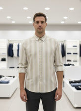R/R BEIGE & WHITE MULTI-STRIOE CASUAL BUTTON-UP STRIPE SHIRTS